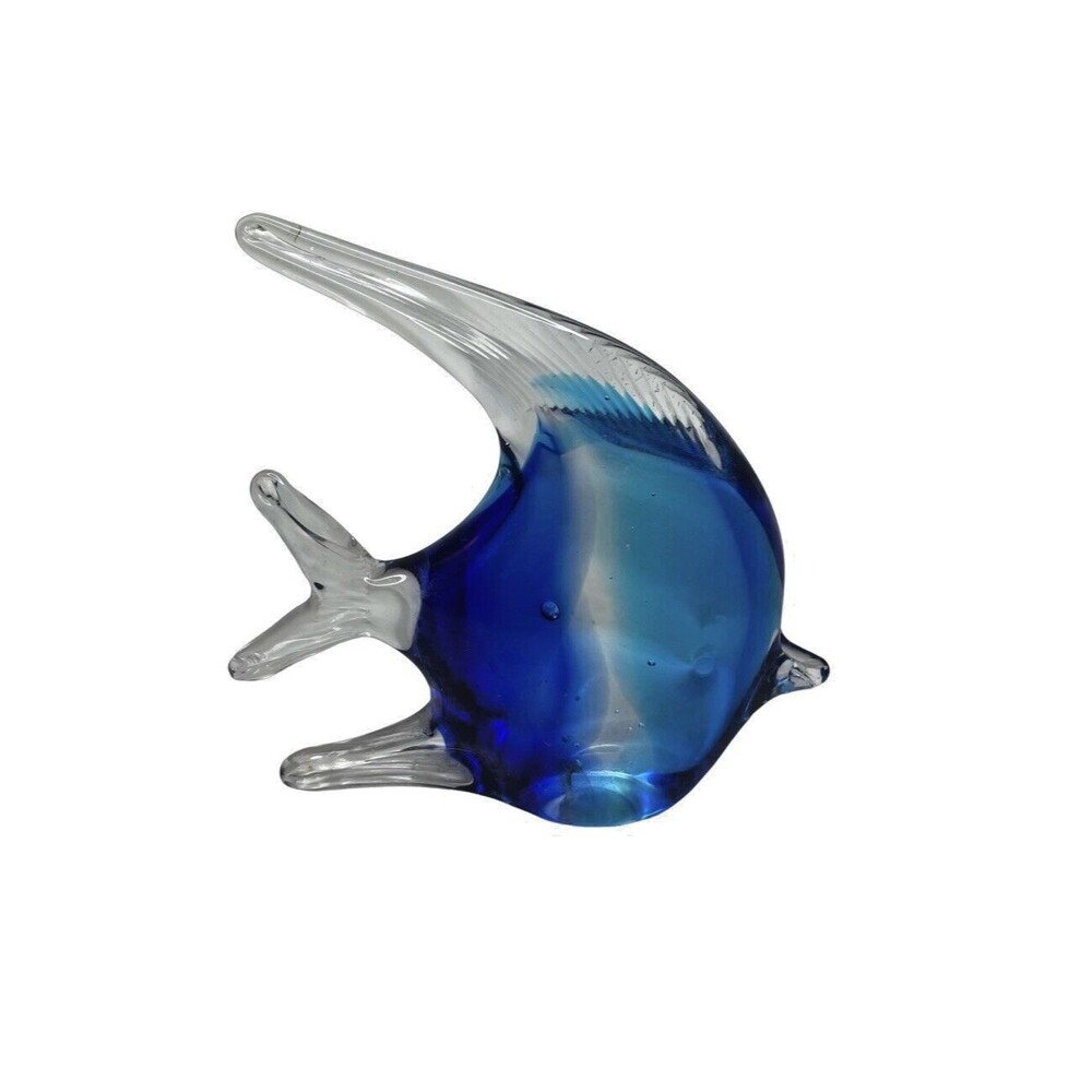 Vinci Dynasty Gallery Tropical Fish Hand Fused Art Glass Figurine Blue 6 Inches